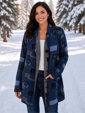 WINDING RIVER OPEN FRONT REVERSIBLE CARDIGAN SWEATER JACKET BLUE/GRAY KNIT SZ S